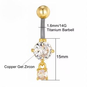 14G Titanium Gold and Silver Zircon Belly Button Ring